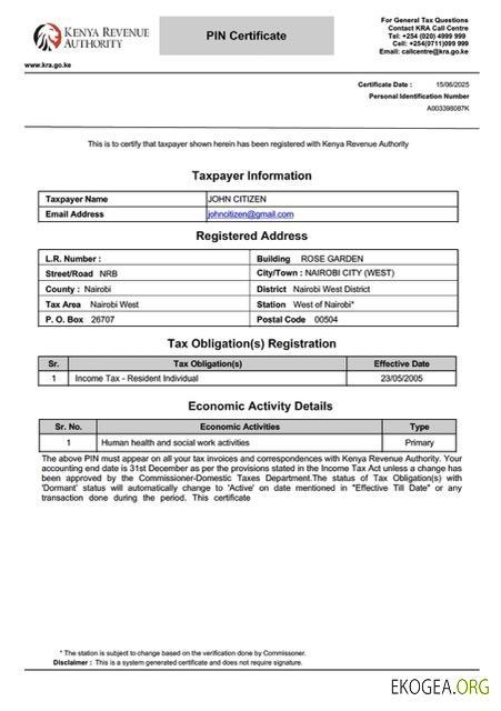 Modèle Word et PDF de certificat de contribuable du Kenya